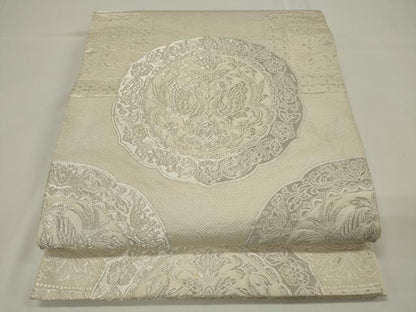 平和屋着物◎六通柄袋帯　絵皿双鳥花文　銀糸　正絹　逸品　CAAU7775in