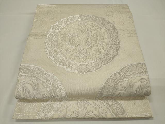 平和屋着物◎六通柄袋帯　絵皿双鳥花文　銀糸　正絹　逸品　CAAU7775in