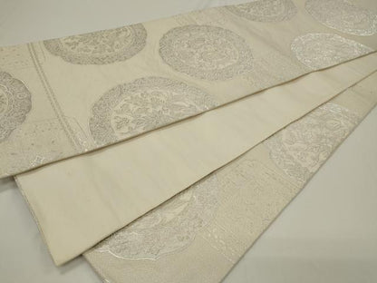 平和屋着物◎六通柄袋帯　絵皿双鳥花文　銀糸　正絹　逸品　CAAU7775in