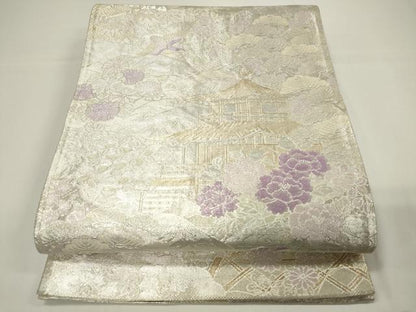 平和屋着物◎900織佐賀錦 六通柄袋帯 風景草花文 金銀糸 正絹 逸品 CAAU7778in