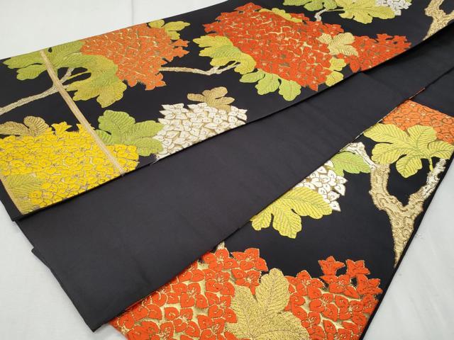 平和屋着物◎六通柄袋帯 唐織 枝花文 黒地 金糸 正絹 逸品 CAAU8028fb