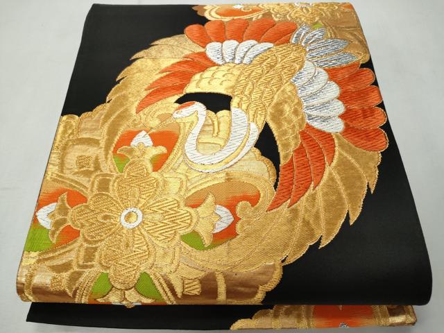 平和屋着物◎六通柄袋帯 唐織 飛鶴花文 黒地 金銀糸 正絹 逸品 CAAU8029fb