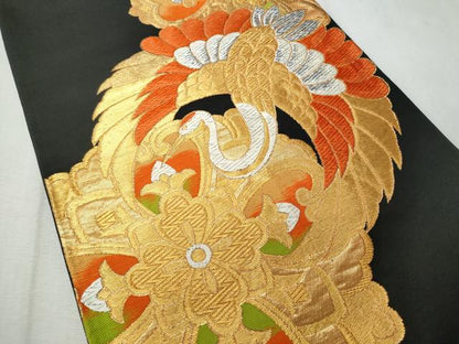 平和屋着物◎六通柄袋帯 唐織 飛鶴花文 黒地 金銀糸 正絹 逸品 CAAU8029fb