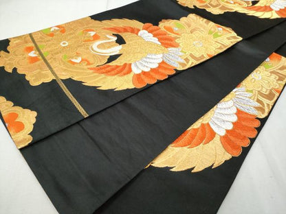 平和屋着物◎六通柄袋帯 唐織 飛鶴花文 黒地 金銀糸 正絹 逸品 CAAU8029fb