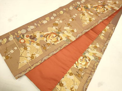平和屋着物◎六通柄袋帯 唐織 地紙花鳥文 金糸 正絹 逸品 CAAU8431ft