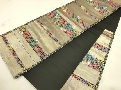 平和屋着物◎六通柄袋帯 唐織 横段舞文 黒地 金銀糸 引箔 正絹 逸品 CAAU8449ft