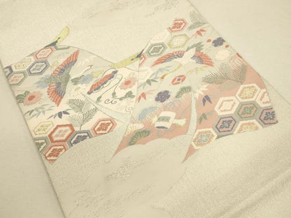 平和屋着物◎太鼓柄袋帯　綴れ　飛鶴吉祥花文　金銀糸　正絹　逸品　CAAU8487ft