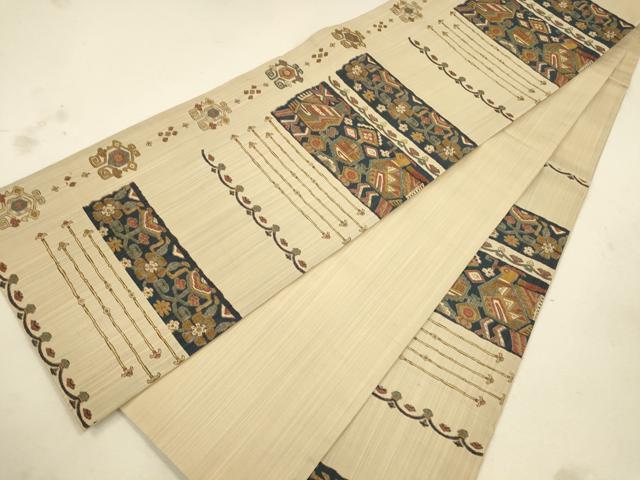 平和屋着物◎六通柄袋帯 横段抽象花鳥文 正絹 逸品 CAAU8562ft