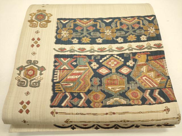 平和屋着物◎六通柄袋帯 横段抽象花鳥文 正絹 逸品 CAAU8562ft