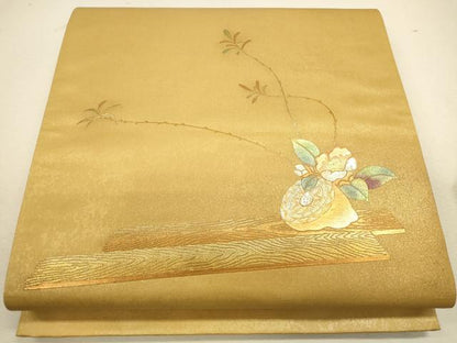 平和屋着物◎太鼓柄袋帯 螺鈿 草花文 金彩 引箔 正絹 逸品 CAAU8576ft