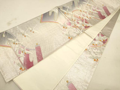 平和屋着物◎六通柄袋帯 絵巻群鶴文 金銀糸 正絹 逸品 CAAU8581ft