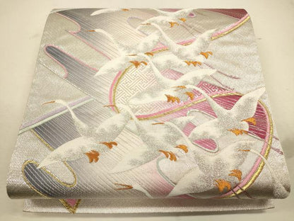 平和屋着物◎六通柄袋帯 絵巻群鶴文 金銀糸 正絹 逸品 CAAU8581ft