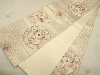 平和屋着物◎六通柄袋帯 唐織 鏡裏双鳥花文 銀糸 正絹 逸品 CAAU8608ft