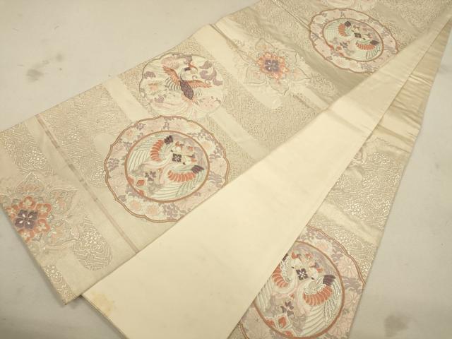 平和屋着物◎六通柄袋帯 唐織 鏡裏双鳥花文 銀糸 正絹 逸品 CAAU8608ft