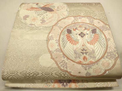 平和屋着物◎六通柄袋帯 唐織 鏡裏双鳥花文 銀糸 正絹 逸品 CAAU8608ft