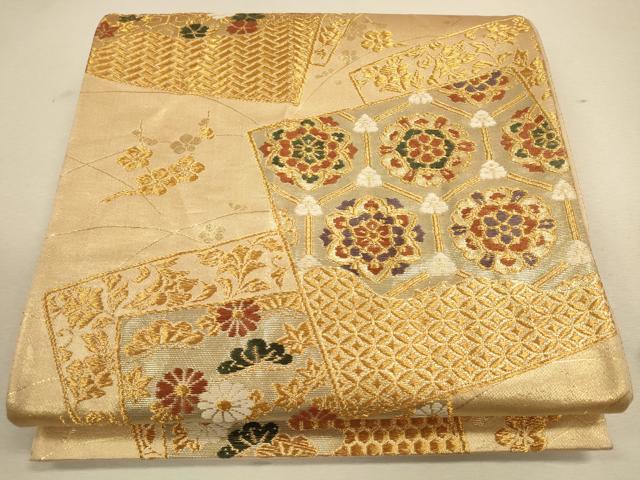 平和屋着物◎六通柄袋帯 唐織 色紙正倉院花文 金糸 正絹 逸品 CAAU8612ft