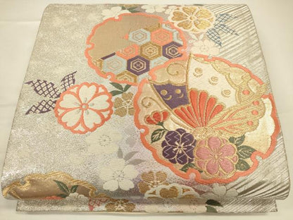 平和屋着物◎六通柄袋帯　雪輪花蝶文　金銀糸　正絹　逸品　CAAU8714ft