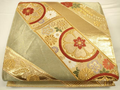 平和屋着物◎六通柄袋帯　竹鳥草花文　金糸　引箔　正絹　逸品　CAAU8793ft