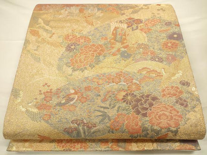 平和屋着物◎流水袋帯　地紙御所車花鳥文　金糸　正絹　逸品　CAAU8800ft