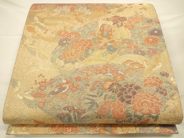 平和屋着物◎流水袋帯　地紙御所車花鳥文　金糸　正絹　逸品　CAAU8800ft