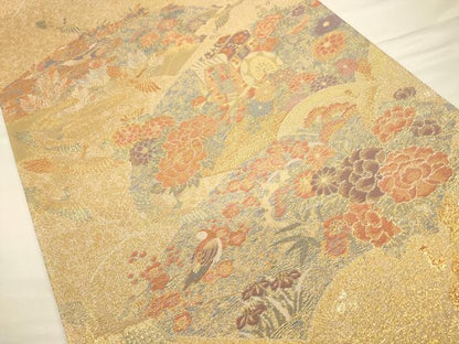 平和屋着物◎流水袋帯　地紙御所車花鳥文　金糸　正絹　逸品　CAAU8800ft