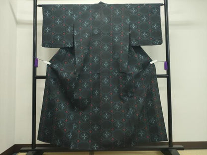平和屋着物▽本塩沢 単衣 蜀江花文 黒地 正絹 逸品 CAAU9000gh