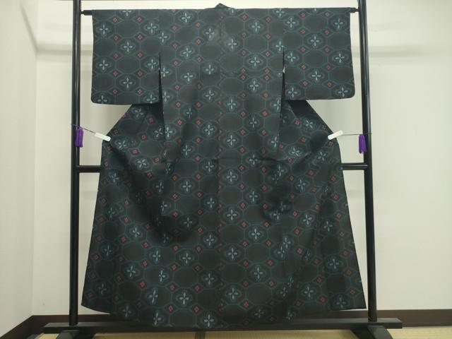 平和屋着物▽本塩沢 単衣 蜀江花文 黒地 正絹 逸品 CAAU9000gh