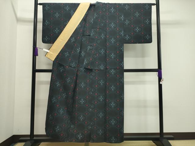 平和屋着物▽本塩沢 単衣 蜀江花文 黒地 正絹 逸品 CAAU9000gh