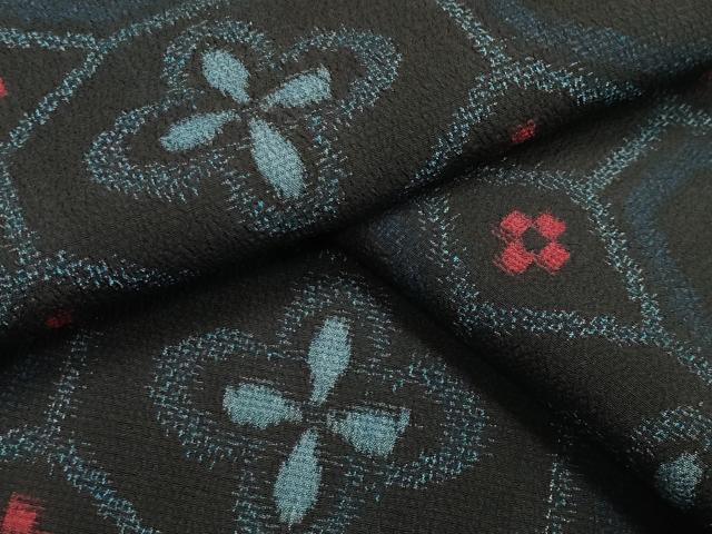 平和屋着物▽本塩沢 単衣 蜀江花文 黒地 正絹 逸品 CAAU9000gh