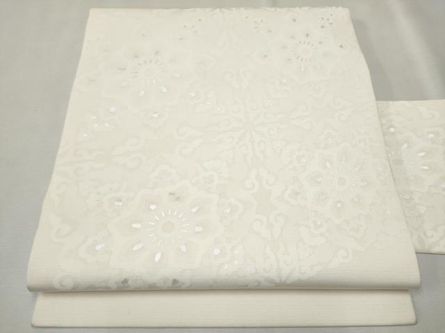 平和屋着物●塩瀬 九寸名古屋帯 正倉院花唐草文 銀彩 正絹 逸品 CAAU9211hy