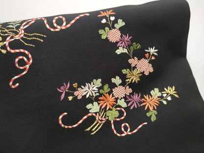 平和屋着物●塩瀬　つけ帯　総刺繍　草花文　黒地　金銀糸　正絹　逸品　CAAU9288hy