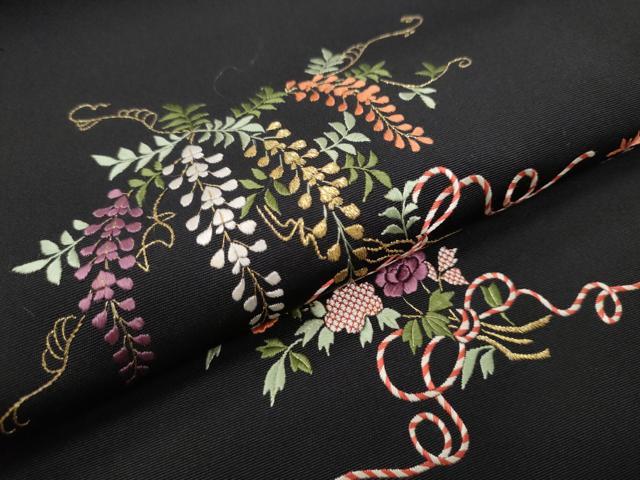 平和屋着物●塩瀬　つけ帯　総刺繍　草花文　黒地　金銀糸　正絹　逸品　CAAU9288hy