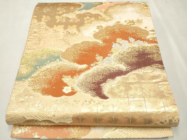 平和屋着物▼六通柄袋帯 明つづれ錦彩 雲重ね草花文 金銀糸 正絹 逸品 CAAU9317hy