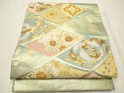 平和屋着物▼六通柄袋帯 鳳凰花文 青銅箔 引箔 正絹 逸品 CAAU9334hy