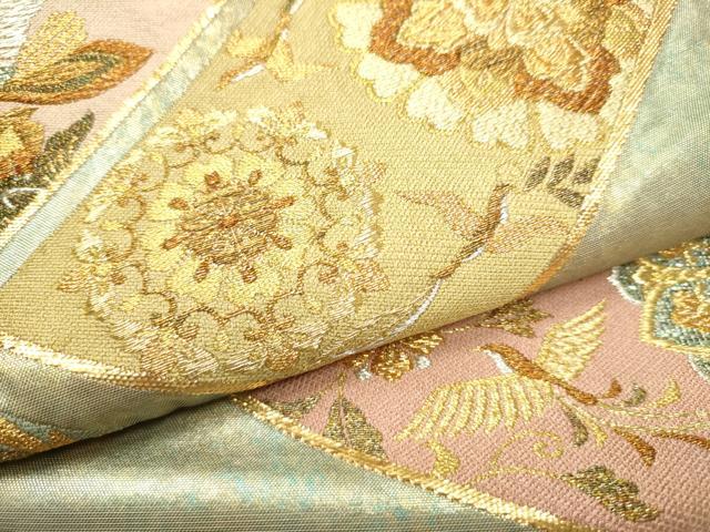 平和屋着物▼六通柄袋帯 鳳凰花文 青銅箔 引箔 正絹 逸品 CAAU9334hy