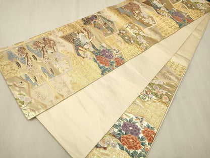平和屋着物▼六通柄袋帯 唐織 屏風花鳥文 金糸 正絹 逸品 CAAU9365hy