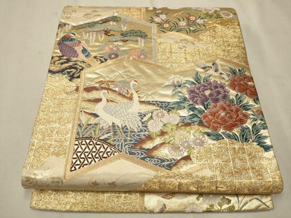 平和屋着物▼六通柄袋帯 唐織 屏風花鳥文 金糸 正絹 逸品 CAAU9365hy