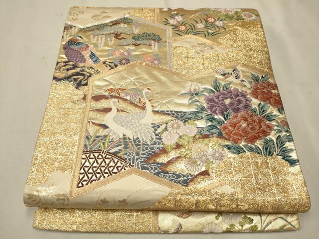 平和屋着物▼六通柄袋帯 唐織 屏風花鳥文 金糸 正絹 逸品 CAAU9365hy