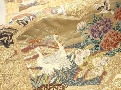 平和屋着物▼六通柄袋帯 唐織 屏風花鳥文 金糸 正絹 逸品 CAAU9365hy
