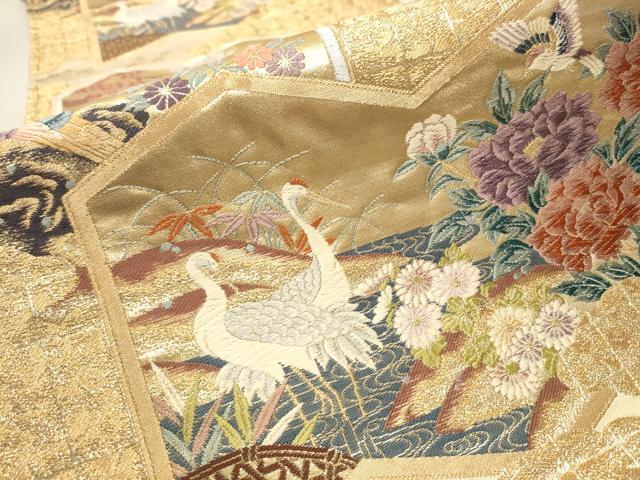 平和屋着物▼六通柄袋帯 唐織 屏風花鳥文 金糸 正絹 逸品 CAAU9365hy