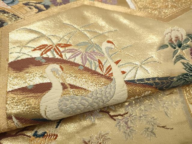 平和屋着物▼六通柄袋帯 唐織 屏風花鳥文 金糸 正絹 逸品 CAAU9365hy