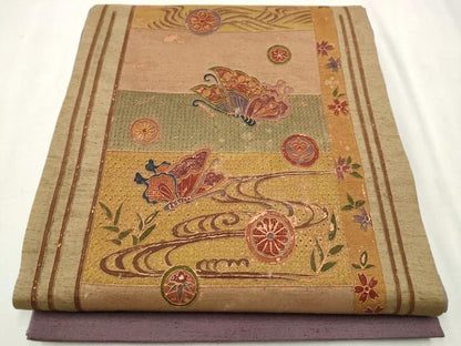 平和屋着物●中国三大刺繍　スワトウ刺繍　総刺繍　太鼓柄袋帯　紬地　流水花鳥文　金彩　正絹　逸品　CAAU9491hy