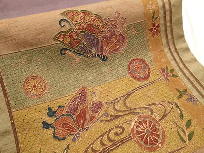 平和屋着物●中国三大刺繍　スワトウ刺繍　総刺繍　太鼓柄袋帯　紬地　流水花鳥文　金彩　正絹　逸品　CAAU9491hy