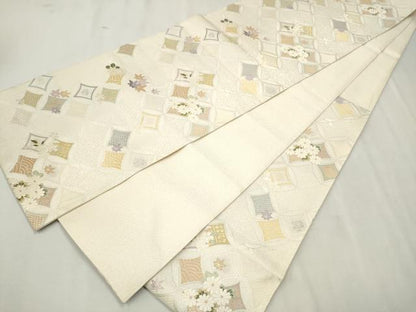 平和屋着物●六通柄袋帯 唐織 作家物 七宝花文 銀糸 正絹 逸品 CAAU9495hy