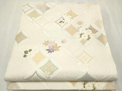 平和屋着物●六通柄袋帯 唐織 作家物 七宝花文 銀糸 正絹 逸品 CAAU9495hy
