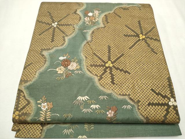 平和屋着物●太鼓柄袋帯 紬地 駒刺繍 草花文 正絹 逸品 CAAU9550hy