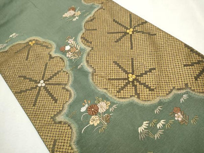 平和屋着物●太鼓柄袋帯 紬地 駒刺繍 草花文 正絹 逸品 CAAU9550hy