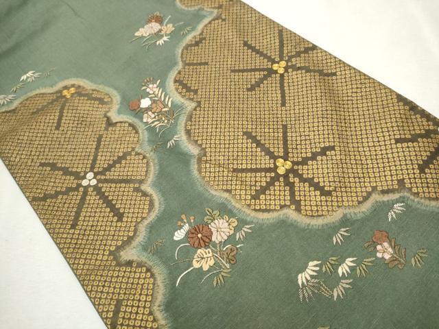 平和屋着物●太鼓柄袋帯 紬地 駒刺繍 草花文 正絹 逸品 CAAU9550hy