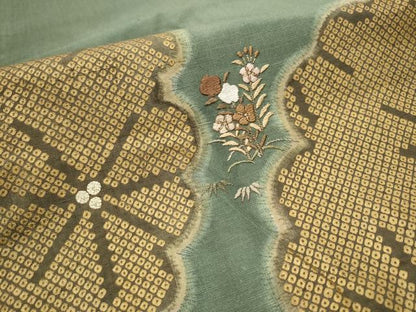 平和屋着物●太鼓柄袋帯 紬地 駒刺繍 草花文 正絹 逸品 CAAU9550hy