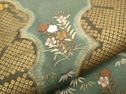 平和屋着物●太鼓柄袋帯 紬地 駒刺繍 草花文 正絹 逸品 CAAU9550hy